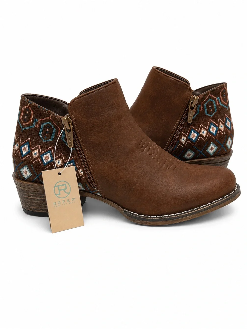 Roper Women's Brown Ankle Boot with Embroidered Heel